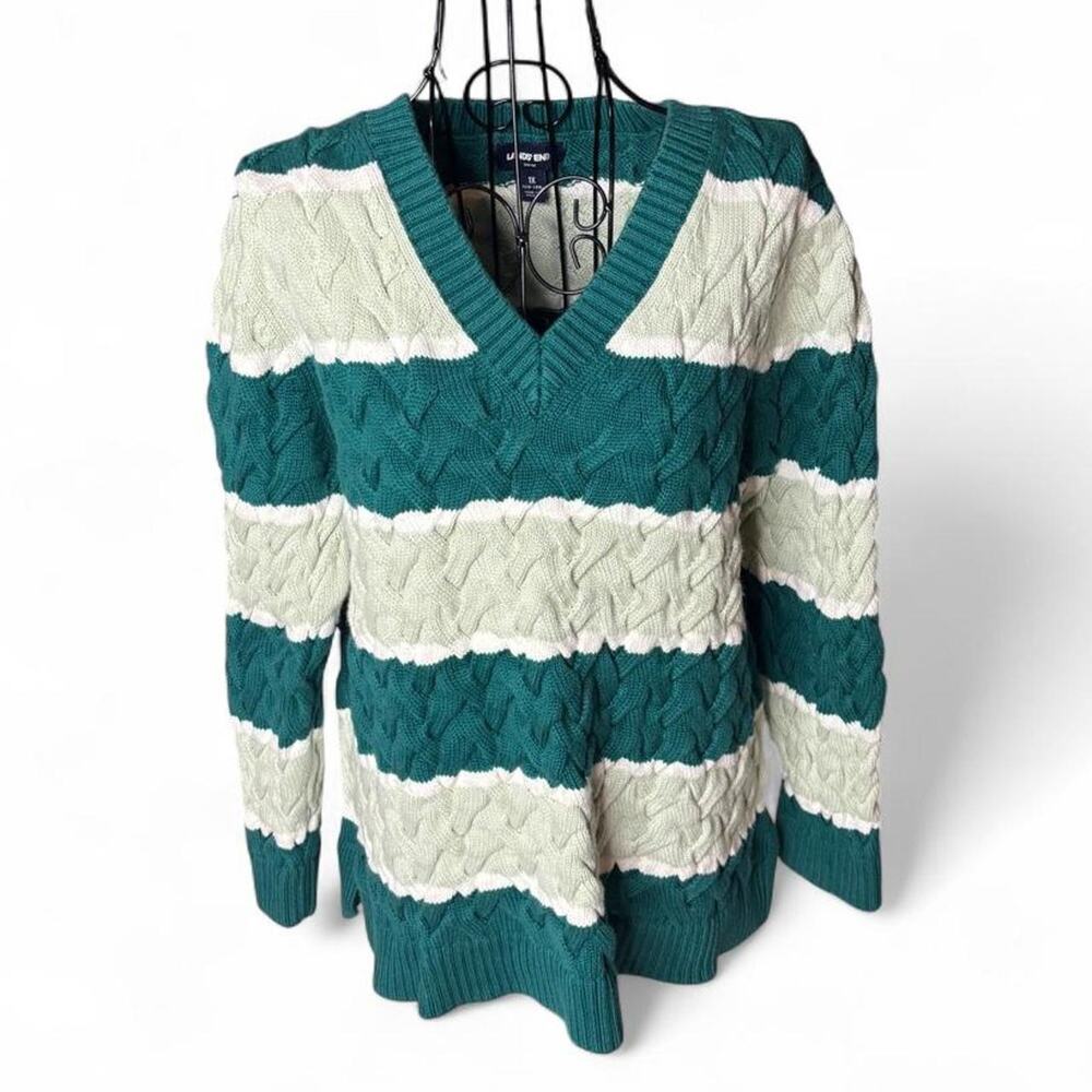 Lands' End Drifter Sweater 1X Cable Knit V-Neck Striped Green 100% Cotton